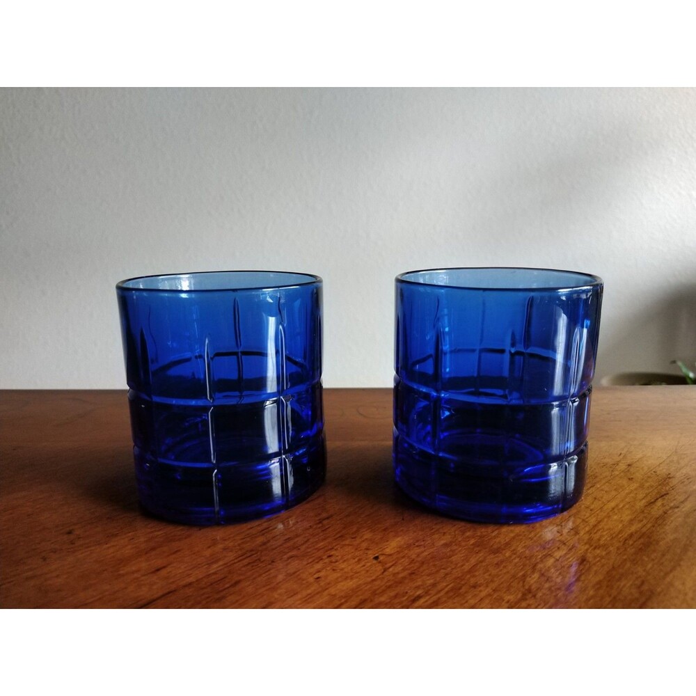Set Of 2 Anchor Hocking Cobalt Blue Tartan Whiskey Rocks Old-Fashioned Glasses